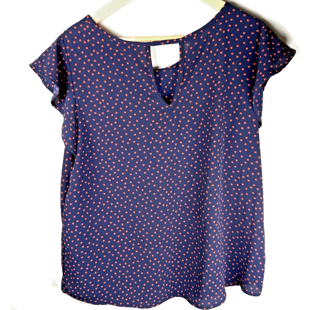 Paper Moon Flutter Short‎ Sleeve Navy Blue Red Stars Keyhole Back Womens XL - Picture 4 of 7
